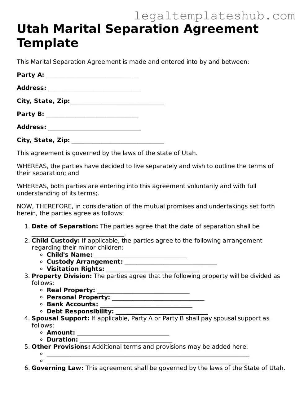 Printable Marital Separation Agreement Document for Utah