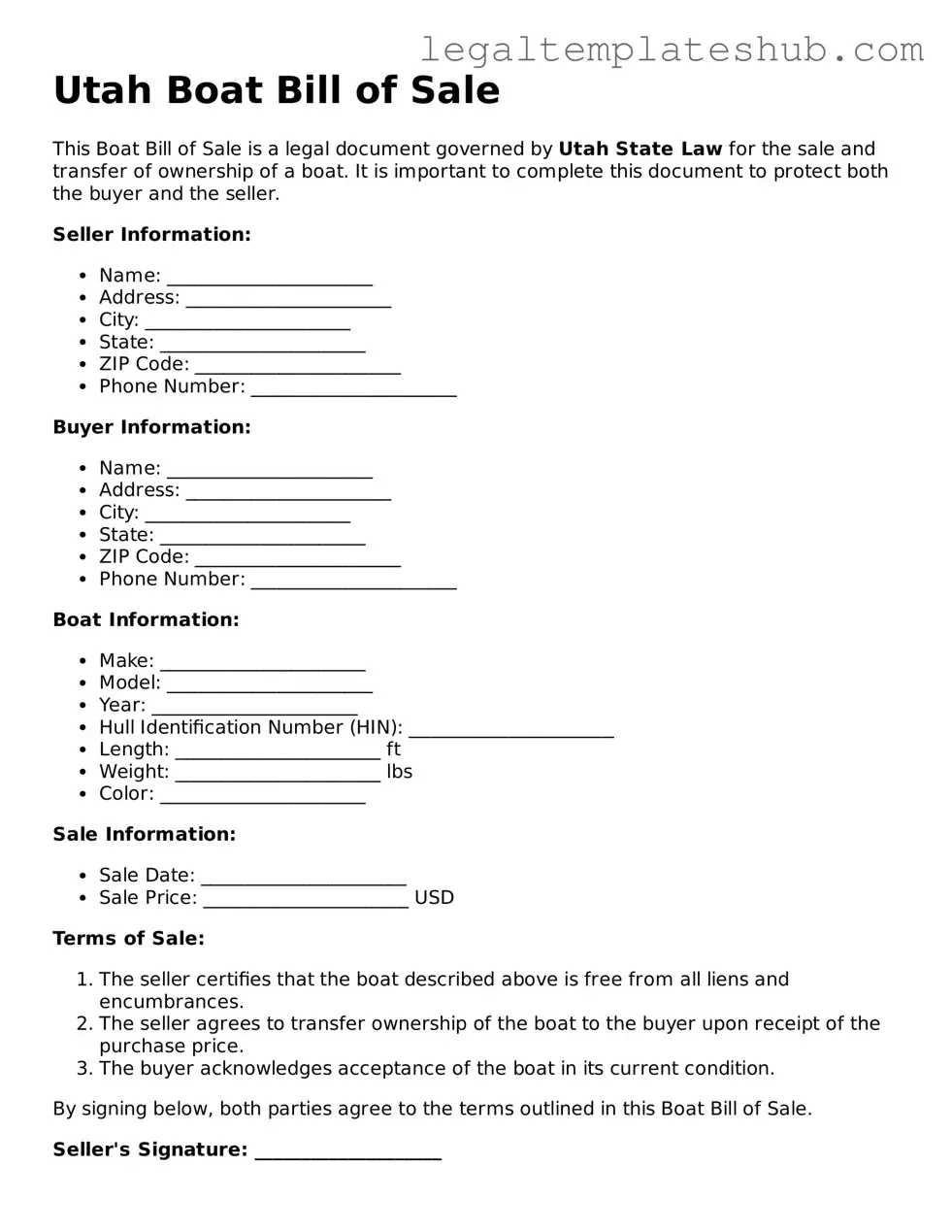 Printable Boat Bill of Sale Document for Utah
