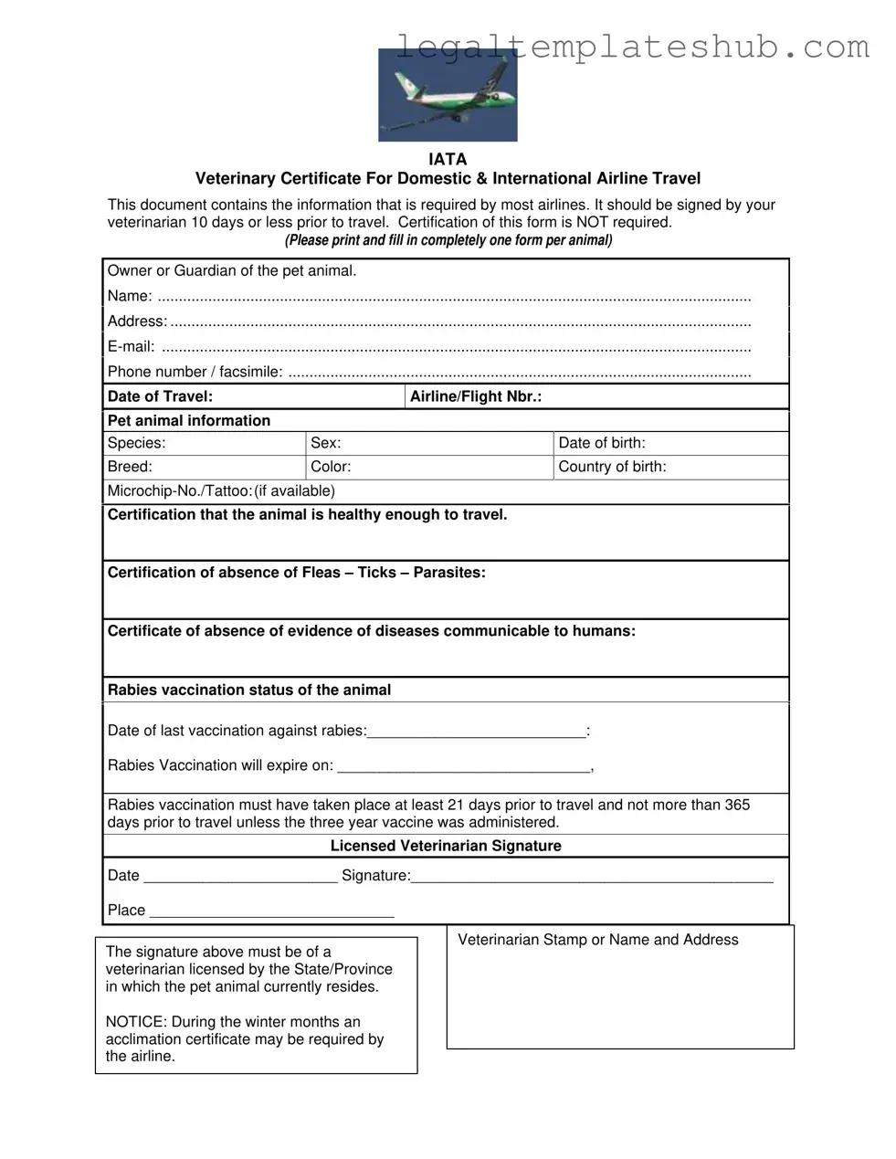 Blank Veterinary Certificate Travel PDF Form