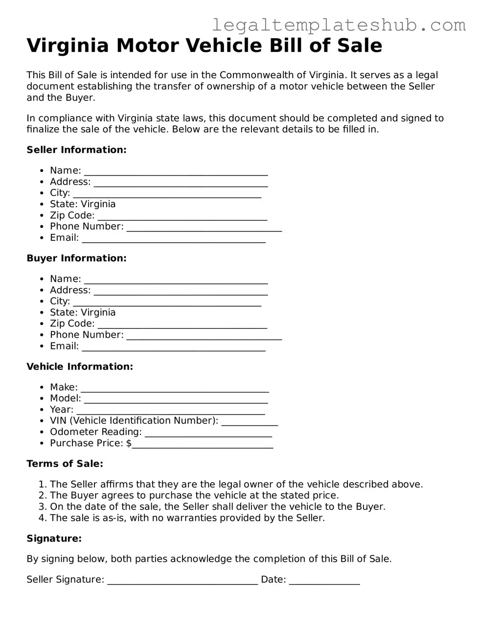 Printable  Motor Vehicle Bill of Sale Document for Virginia