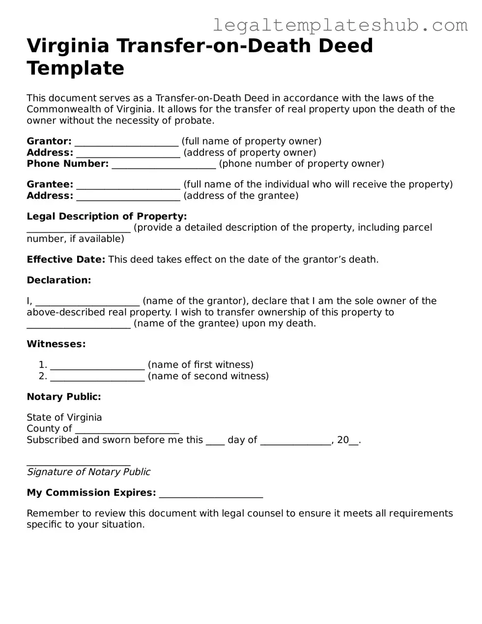 Printable Transfer-on-Death Deed Document for Virginia