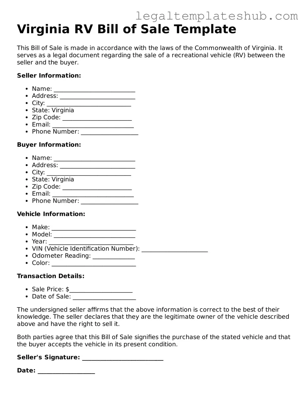 Printable RV Bill of Sale Document for Virginia