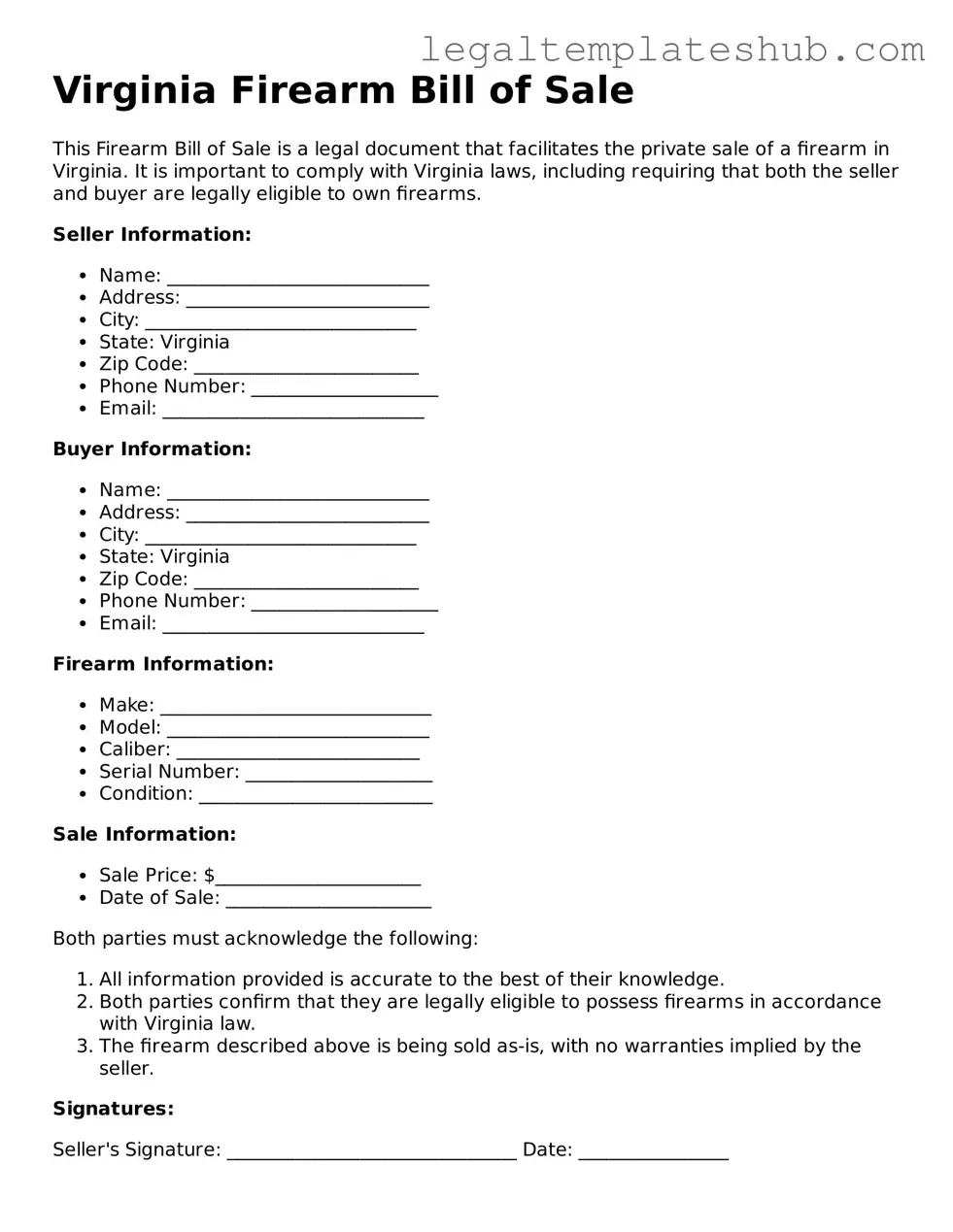 Printable Firearm Bill of Sale Document for Virginia