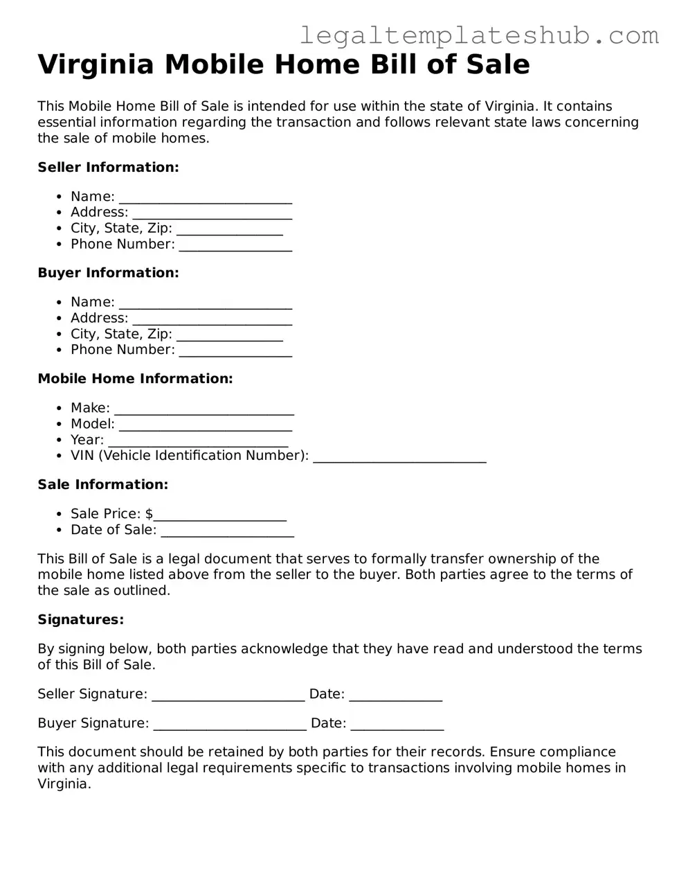 Printable  Mobile Home Bill of Sale Document for Virginia