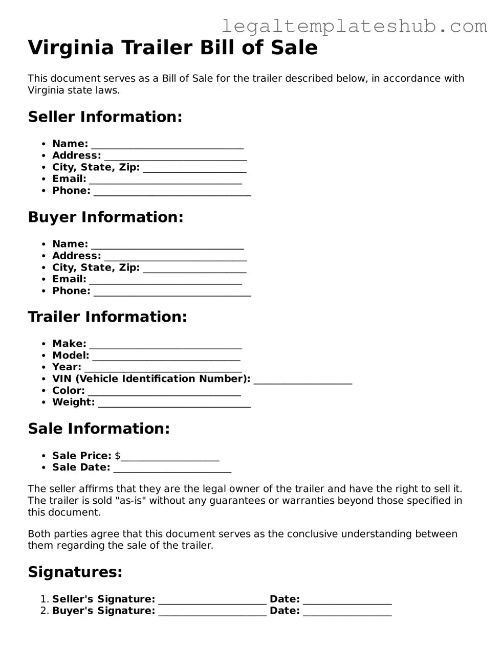 Printable Trailer Bill of Sale Document for Virginia
