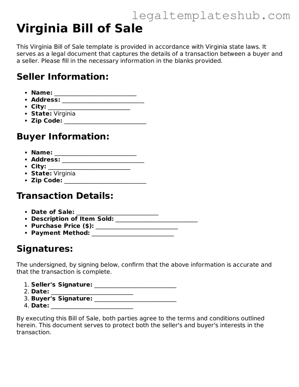 Printable  Bill of Sale Document for Virginia