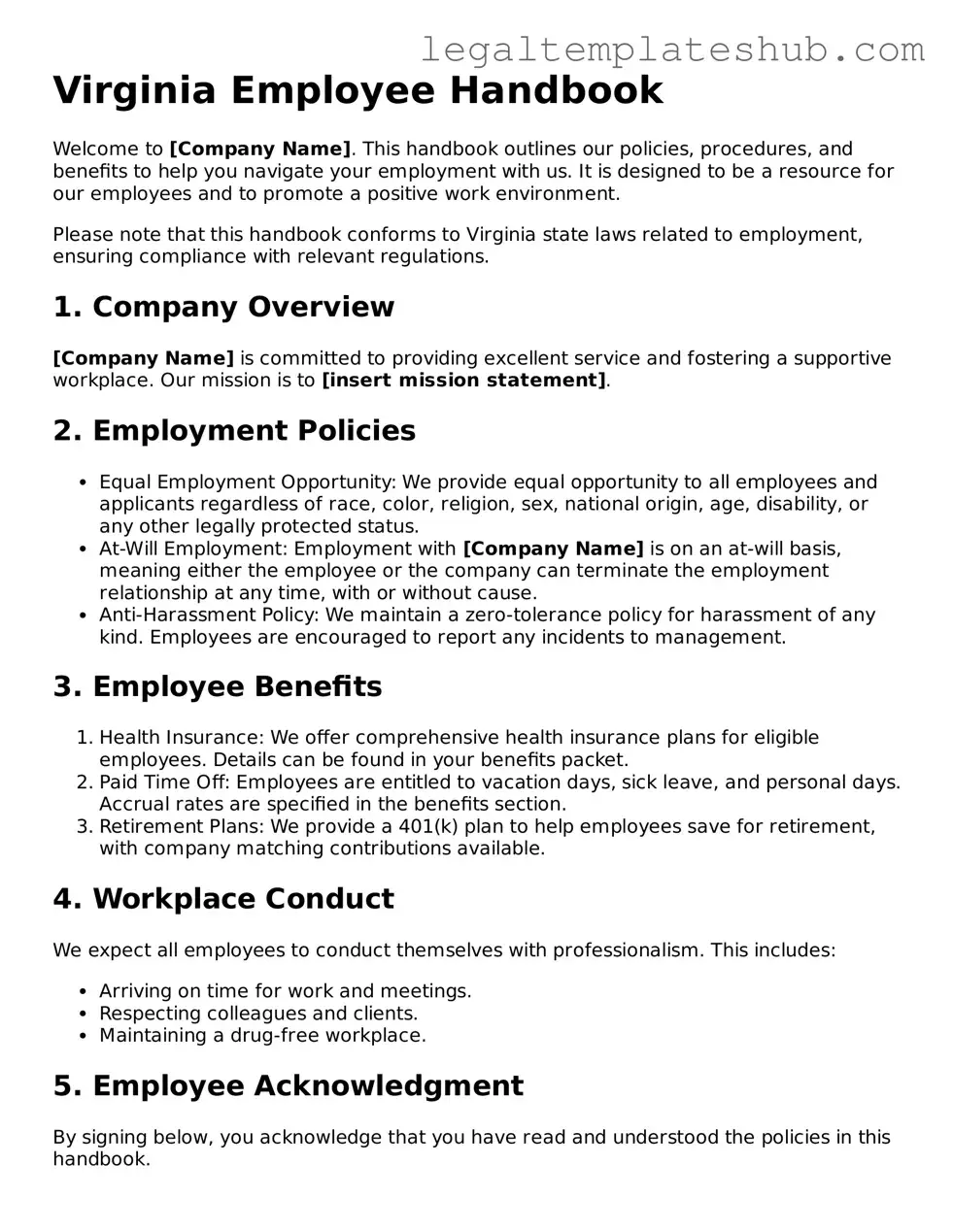 Printable Employee Handbook Document for Virginia