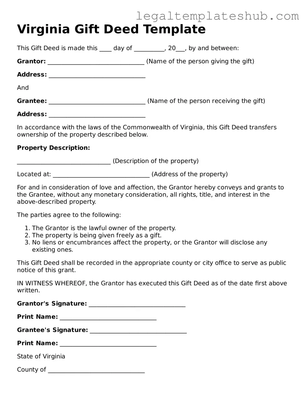 Printable  Gift Deed Document for Virginia