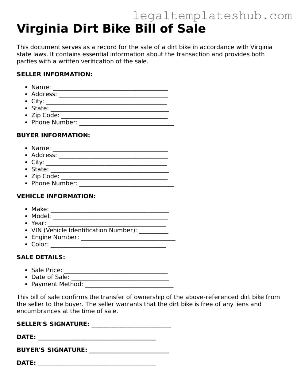 Printable  Dirt Bike Bill of Sale Document for Virginia