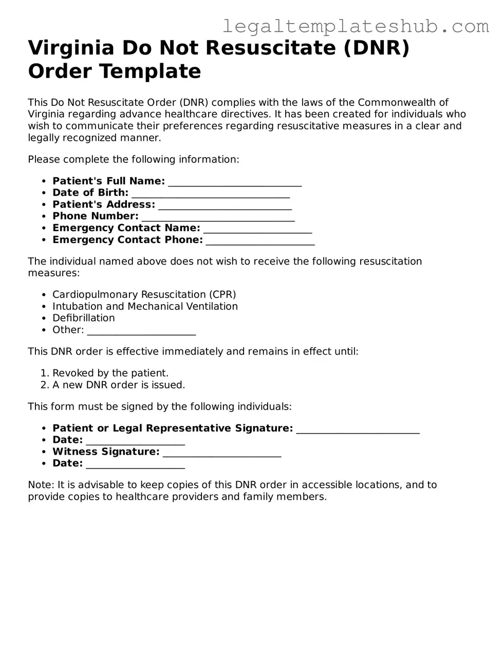 Printable  Do Not Resuscitate Order Document for Virginia