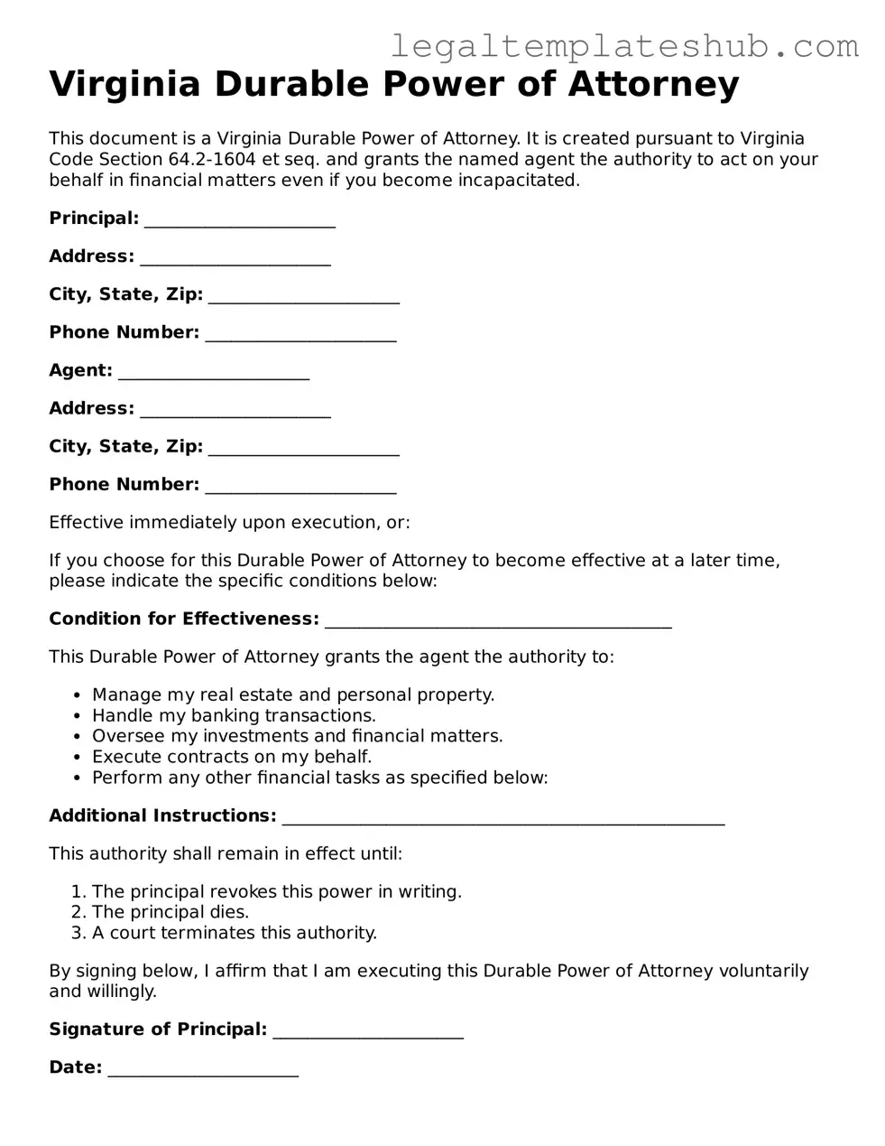 Printable Durable Power of Attorney Document for Virginia