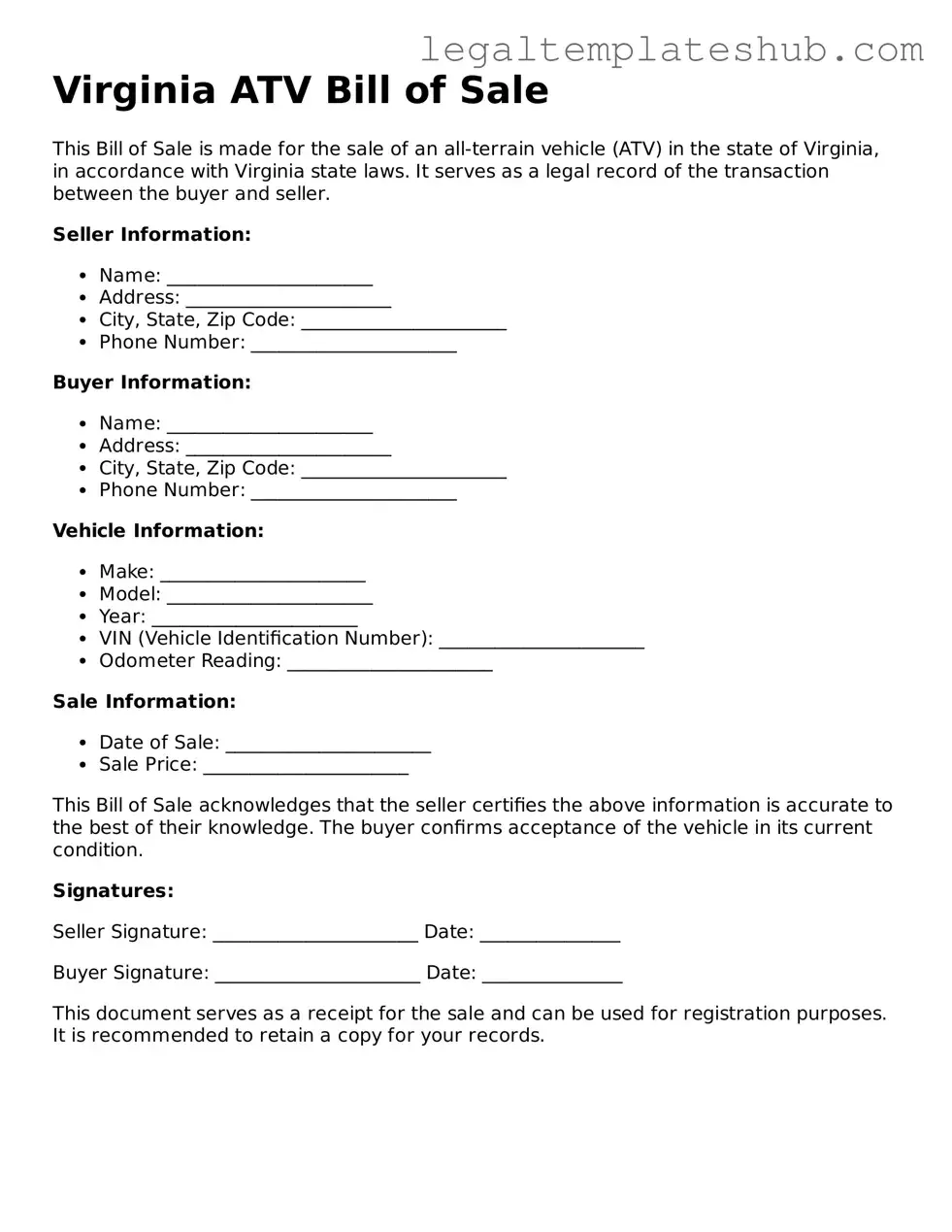 Printable  ATV Bill of Sale Document for Virginia