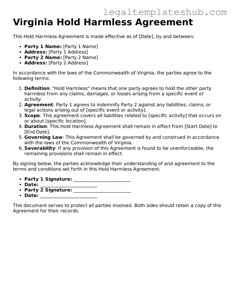 Printable Hold Harmless Agreement Document for Virginia
