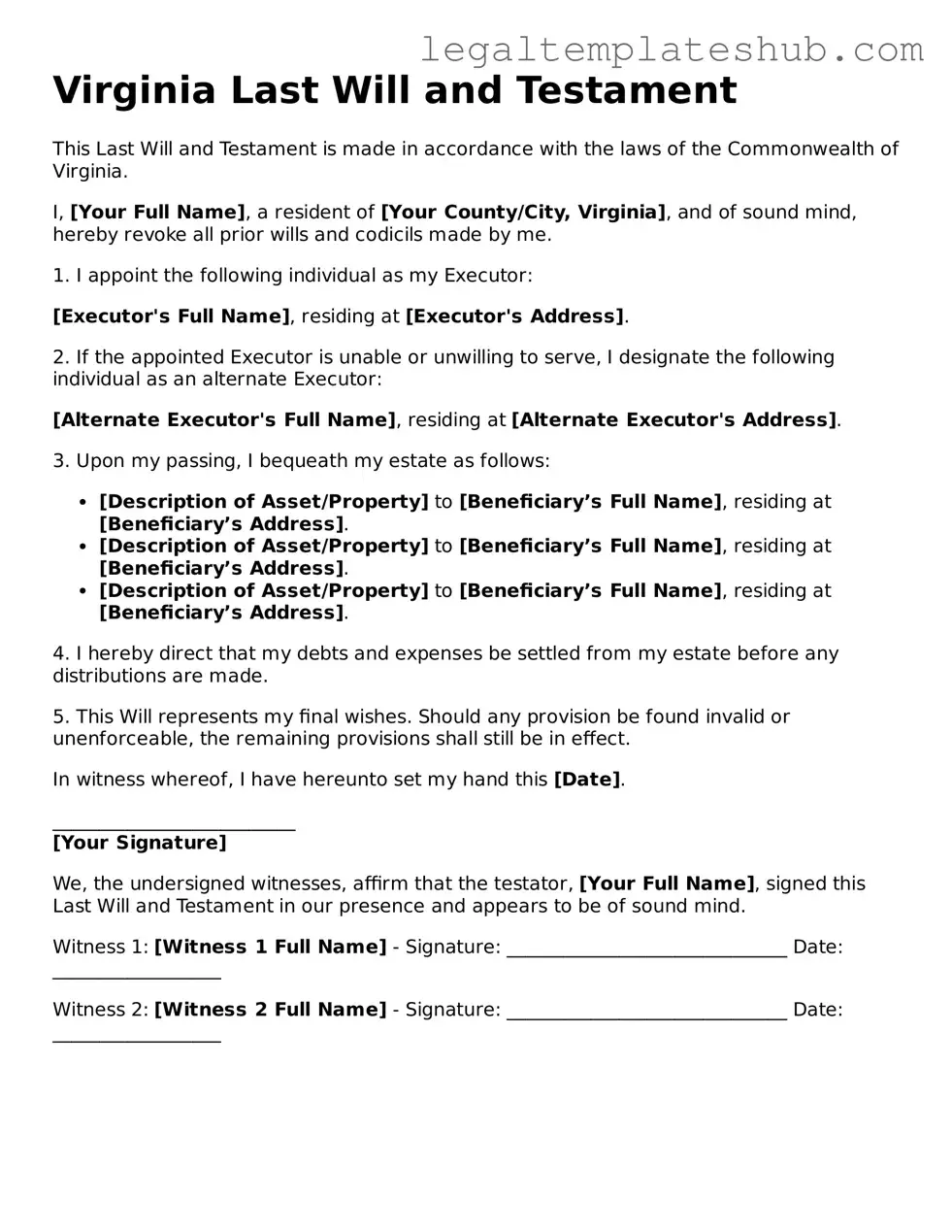 Printable Last Will and Testament Document for Virginia