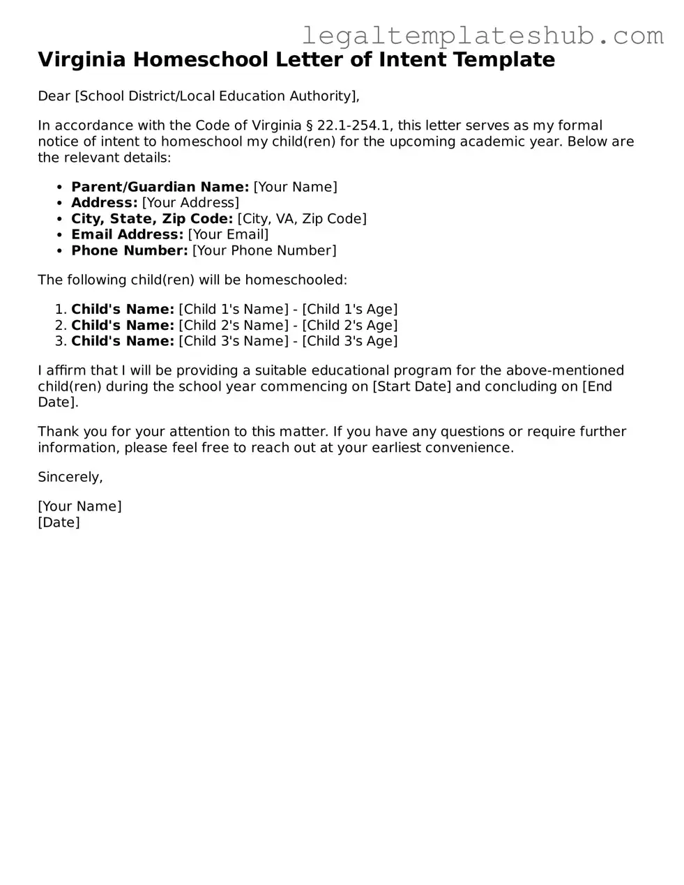 Printable  Homeschool Letter of Intent Document for Virginia