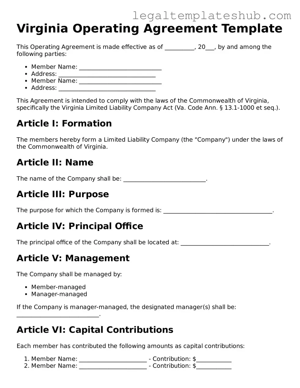 Printable Operating Agreement Document for Virginia