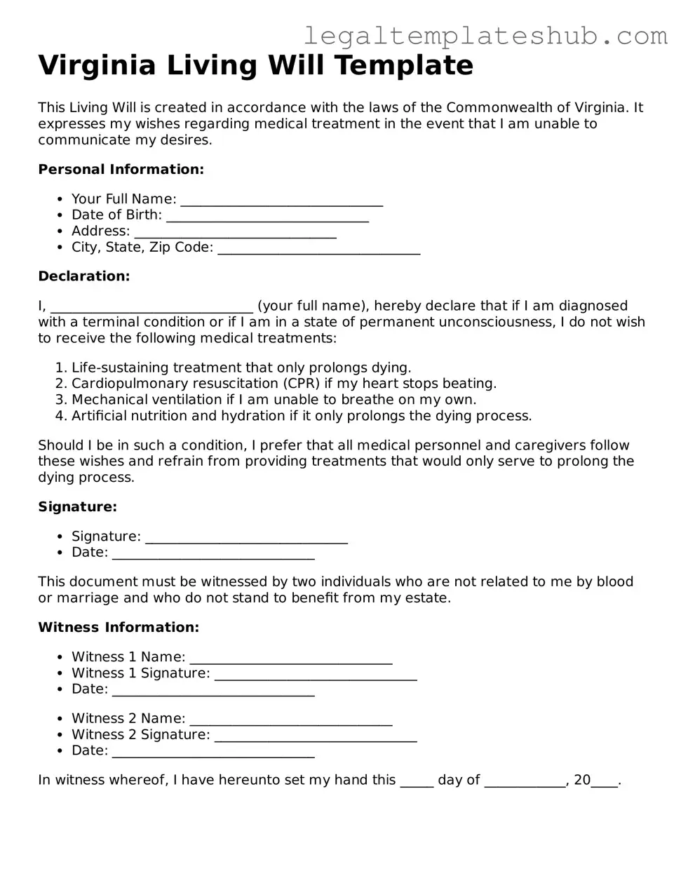 Printable  Living Will Document for Virginia