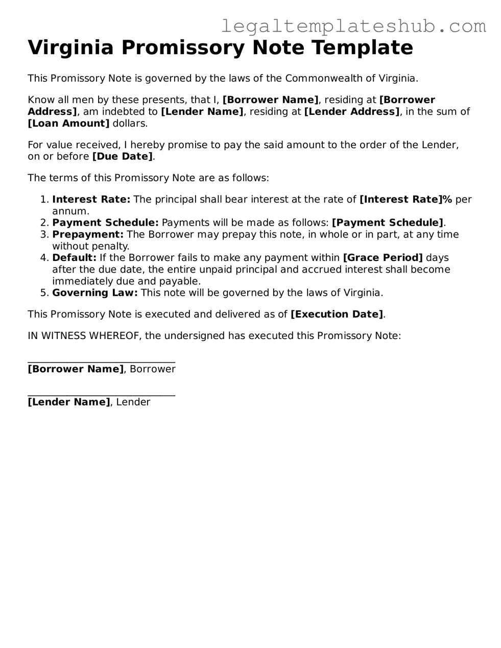 Printable Promissory Note Document for Virginia