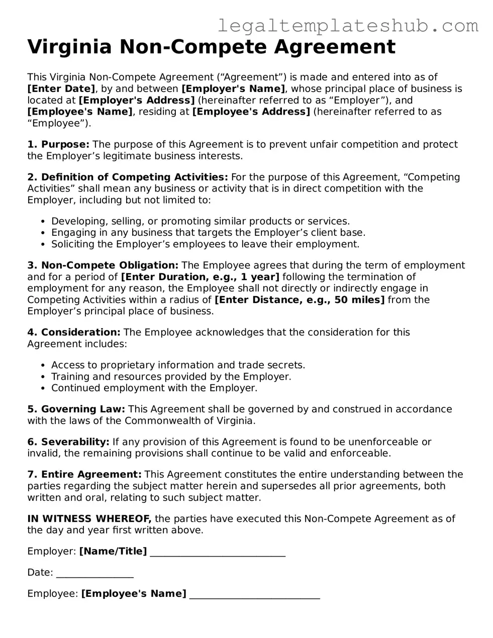 Printable Non-compete Agreement Document for Virginia