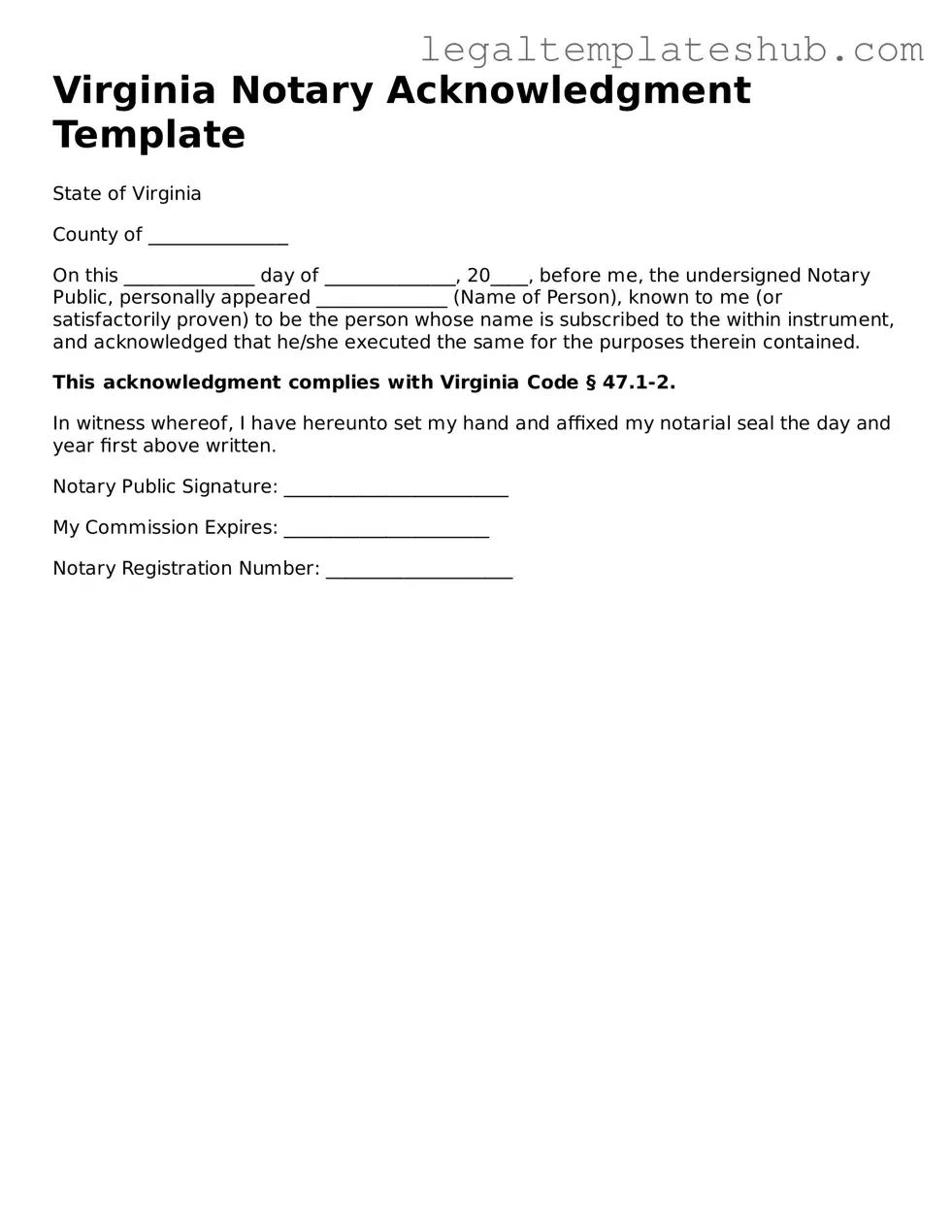 Printable Notary Acknowledgement Document for Virginia
