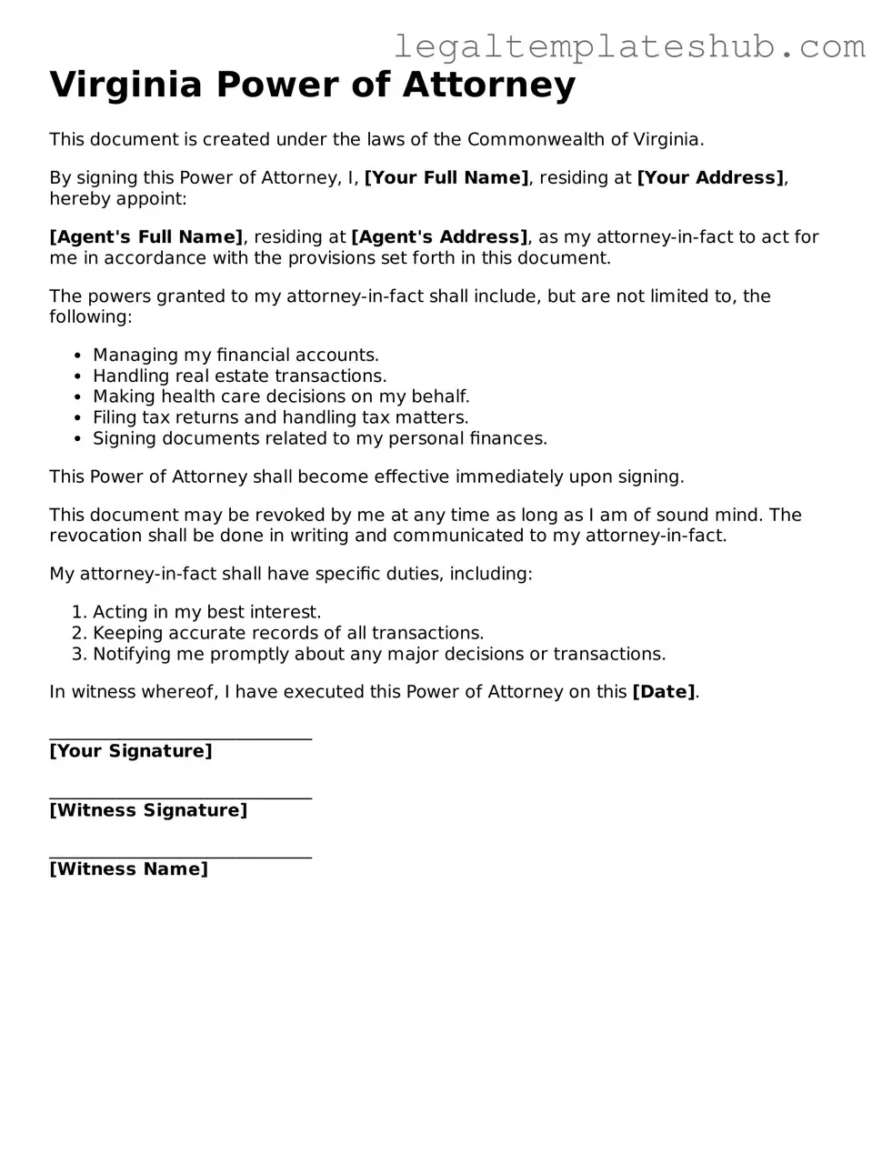 Printable Power of Attorney Document for Virginia