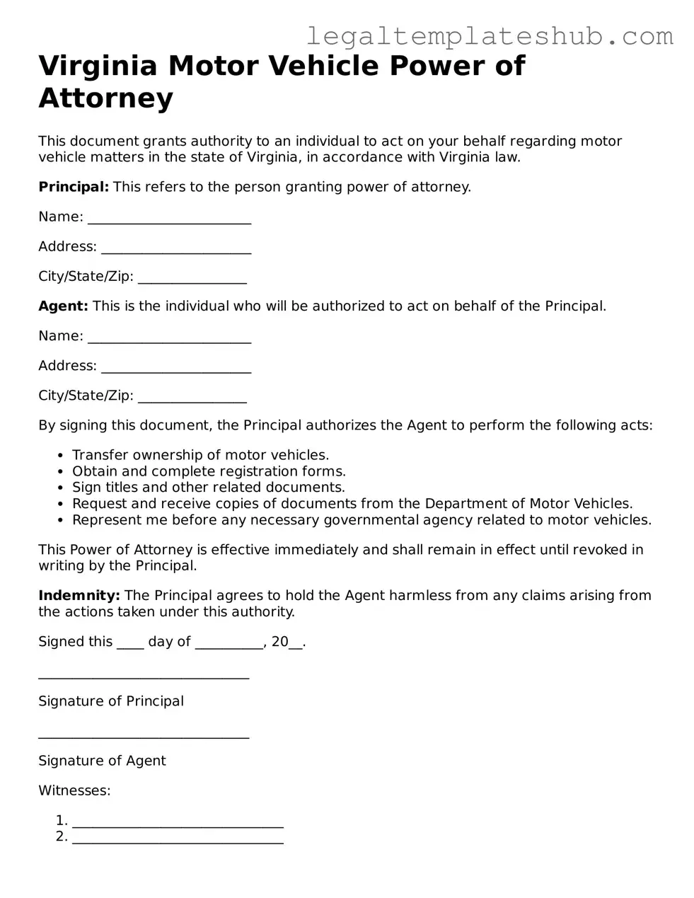 Printable  Motor Vehicle Power of Attorney Document for Virginia