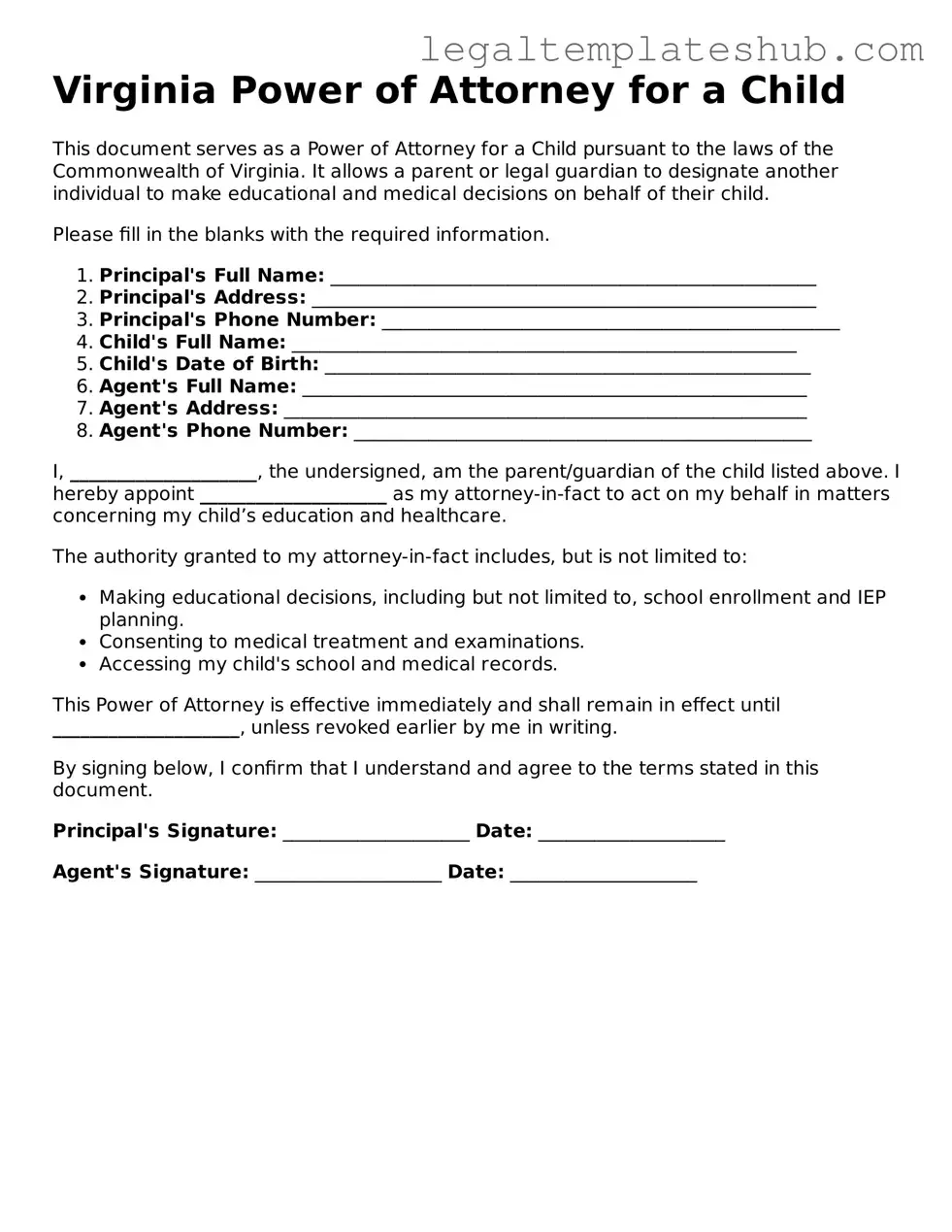 Printable  Power of Attorney for a Child Document for Virginia