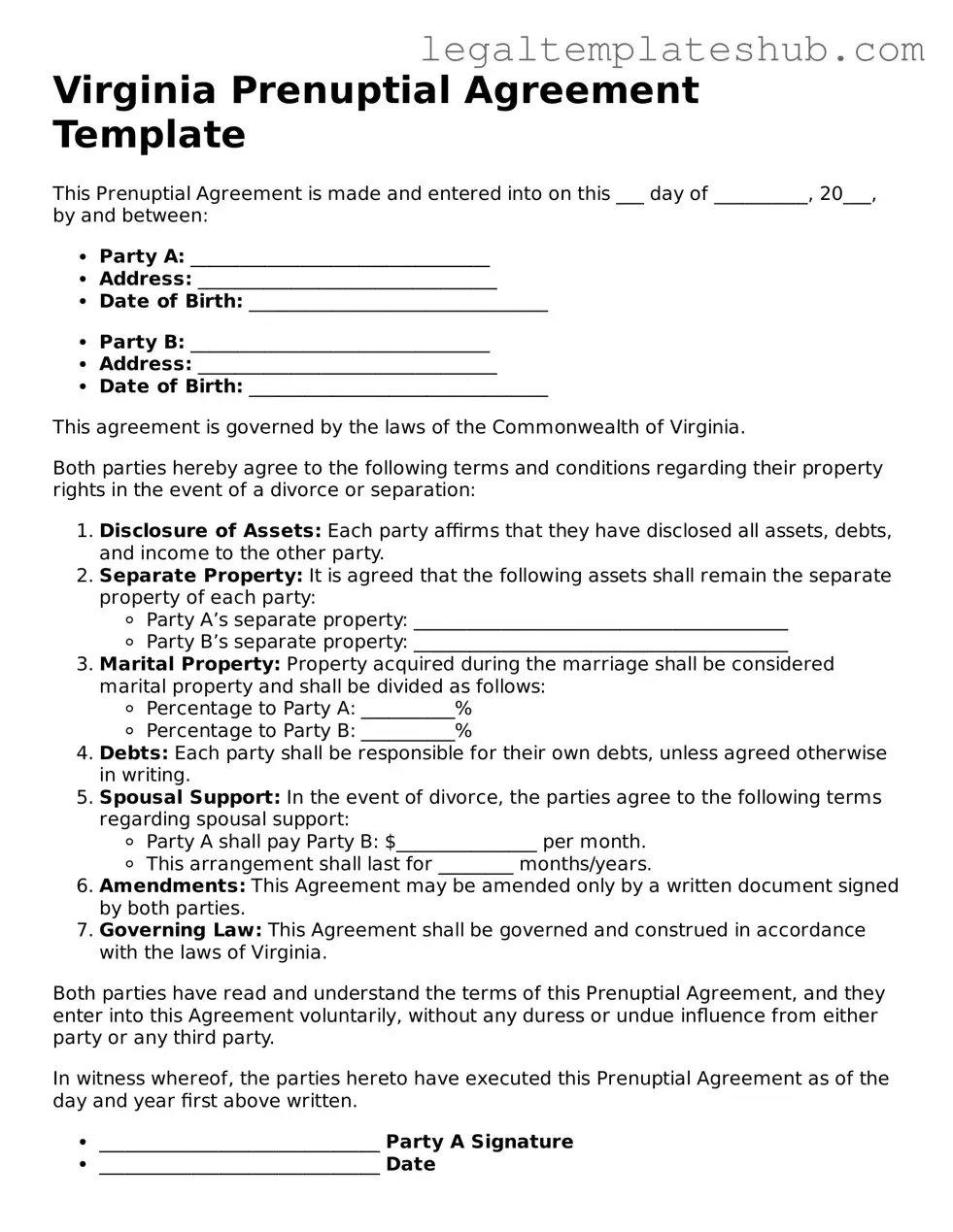 Printable Prenuptial Agreement Document for Virginia