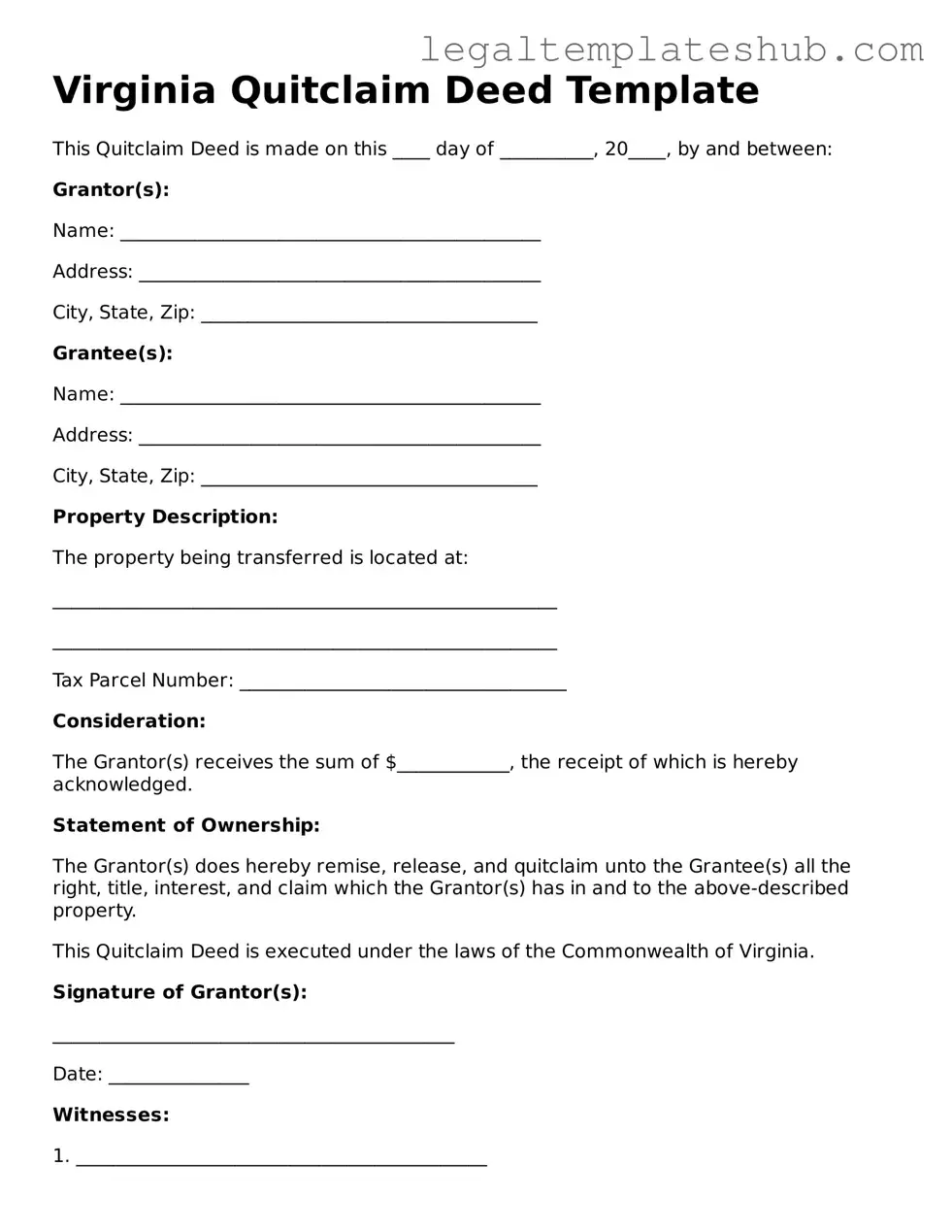 Printable Quitclaim Deed Document for Virginia