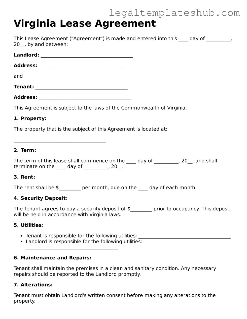 Printable Lease Agreement Document for Virginia