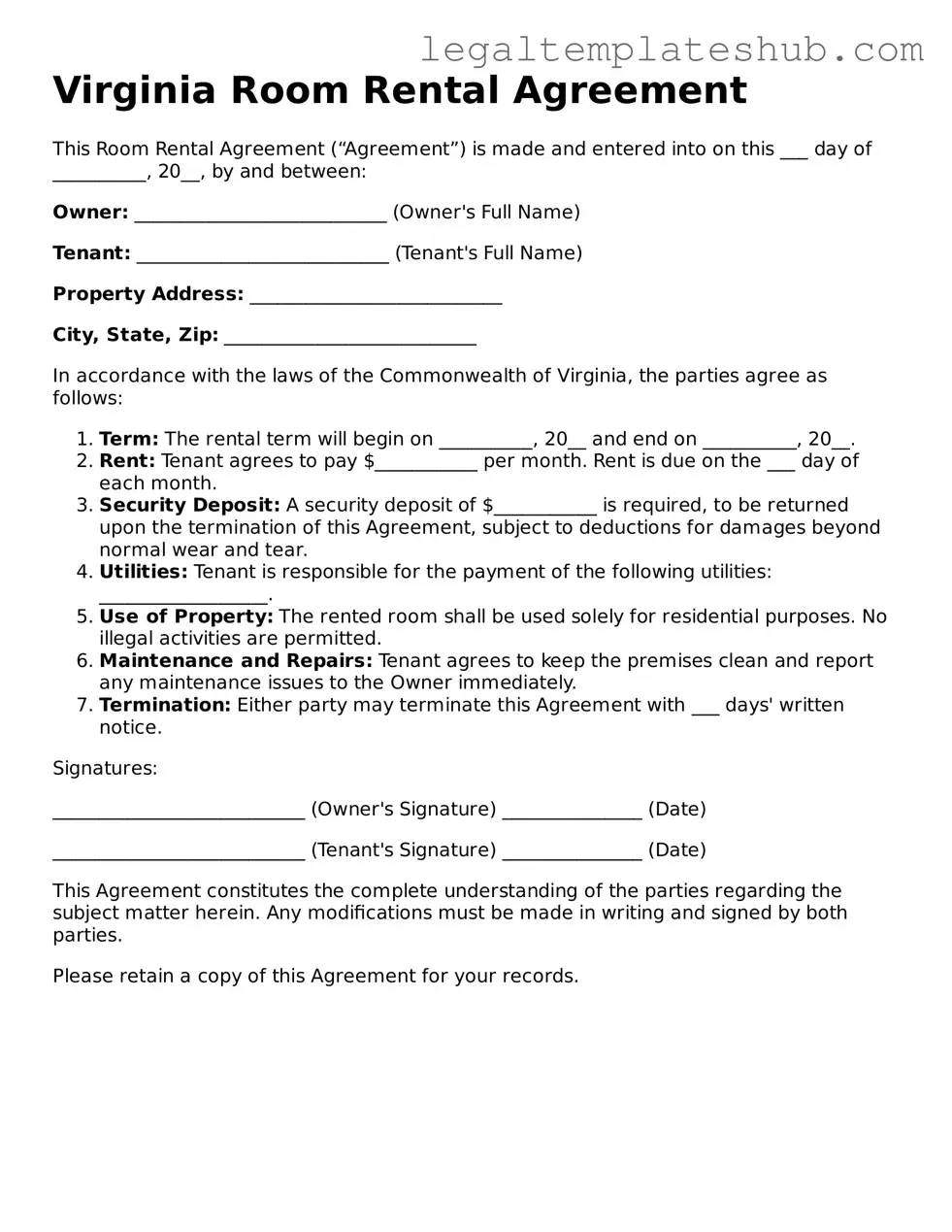Printable  Room Rental Agreement Document for Virginia