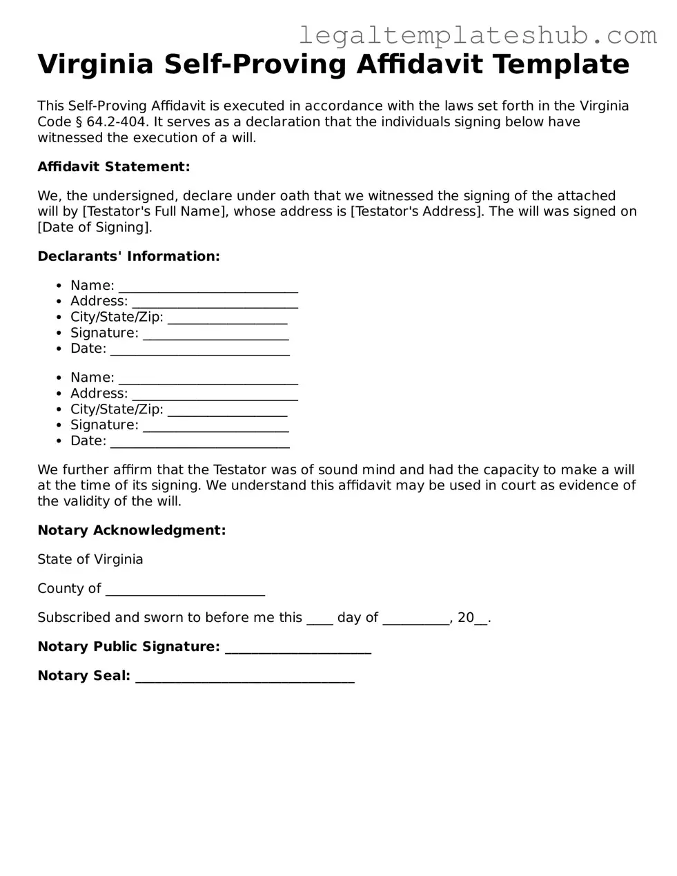 Printable Self-Proving Affidavit Document for Virginia