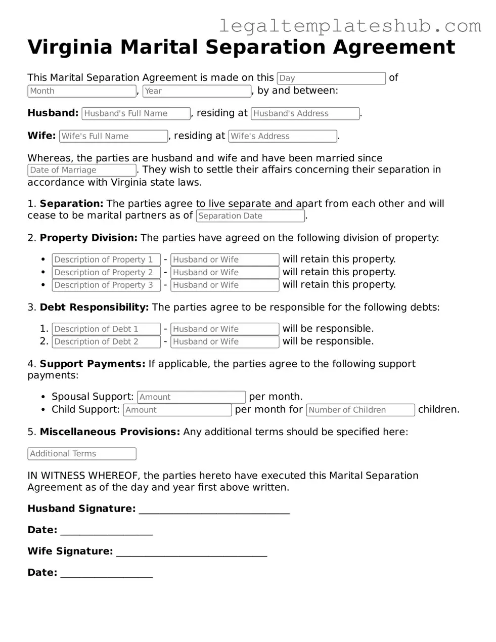 Printable  Marital Separation Agreement Document for Virginia