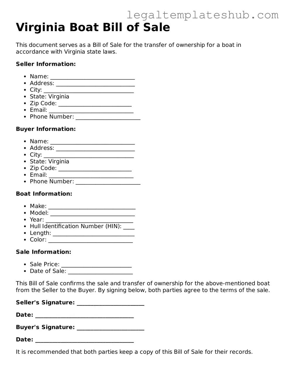 Printable Boat Bill of Sale Document for Virginia