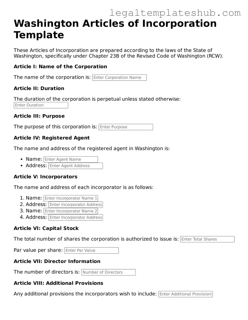 Printable Articles of Incorporation Document for Washington