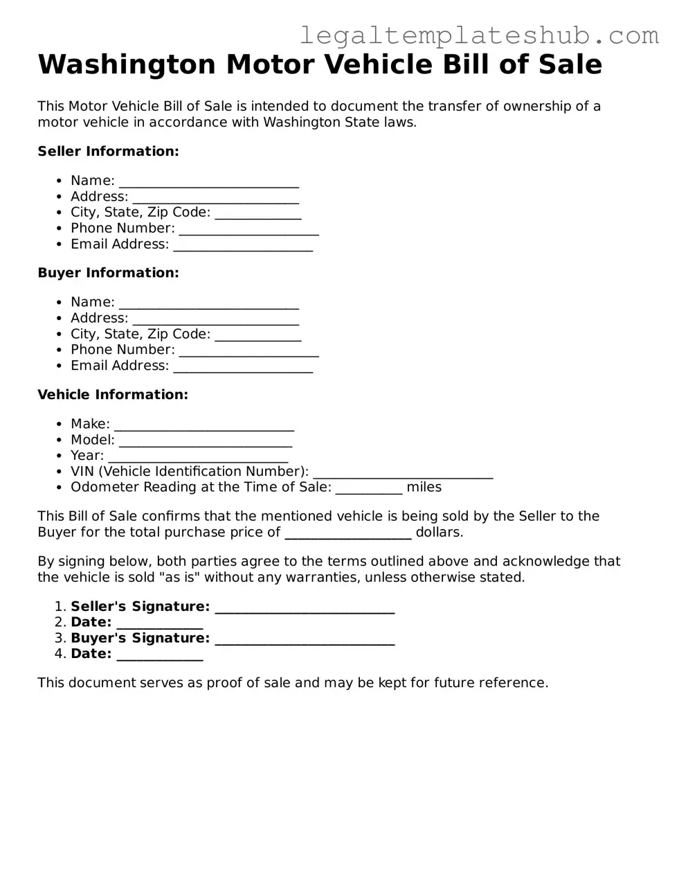 Printable  Motor Vehicle Bill of Sale Document for Washington