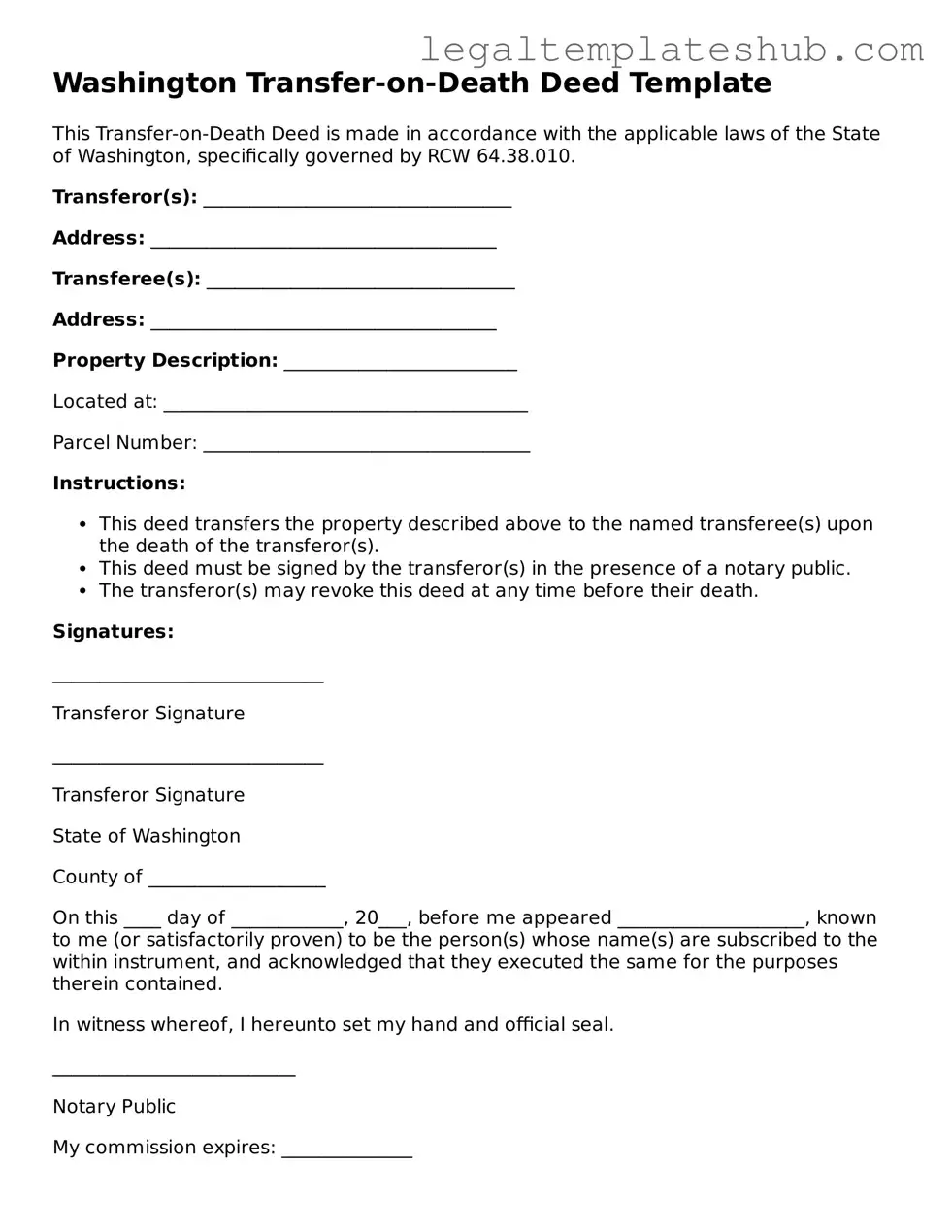 Printable  Transfer-on-Death Deed Document for Washington