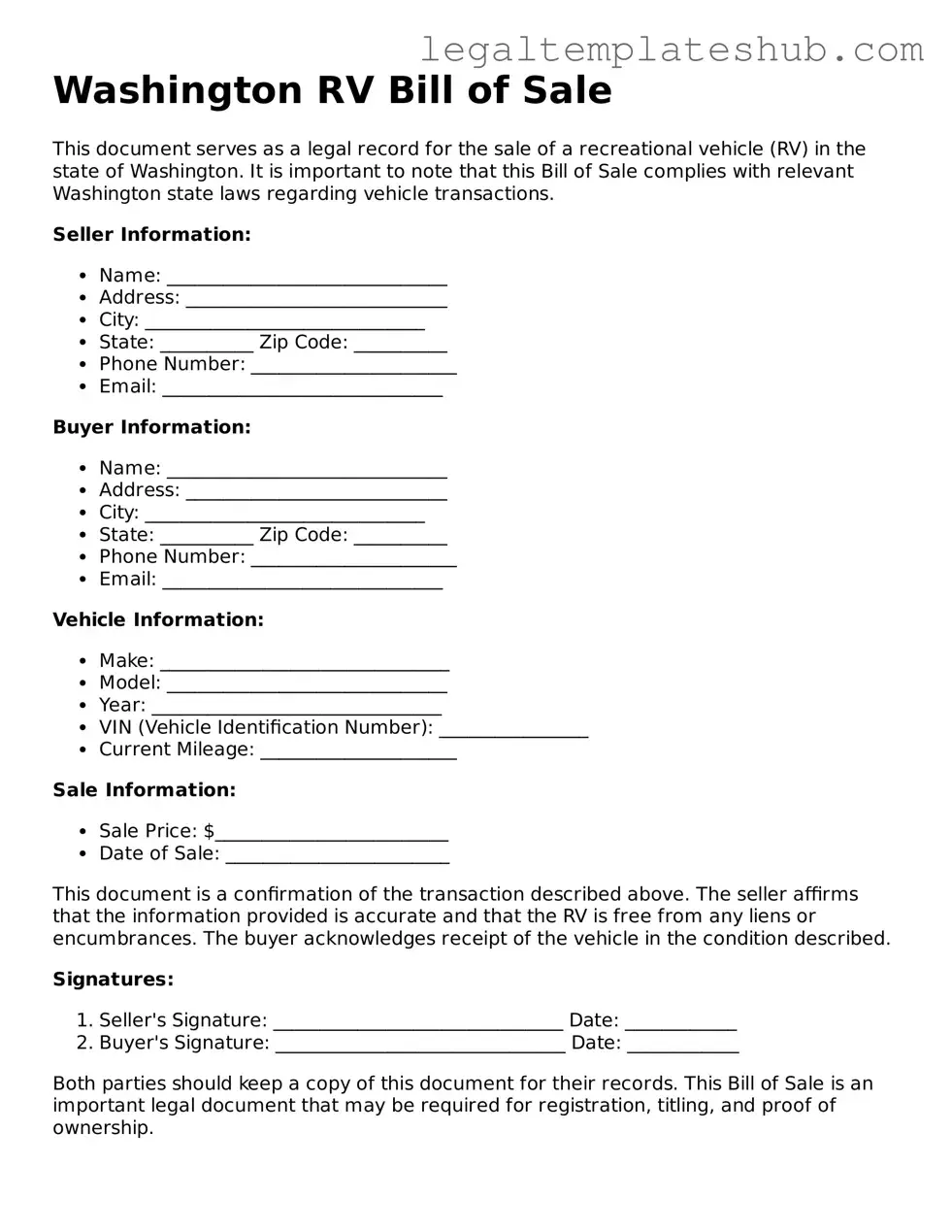 Printable RV Bill of Sale Document for Washington