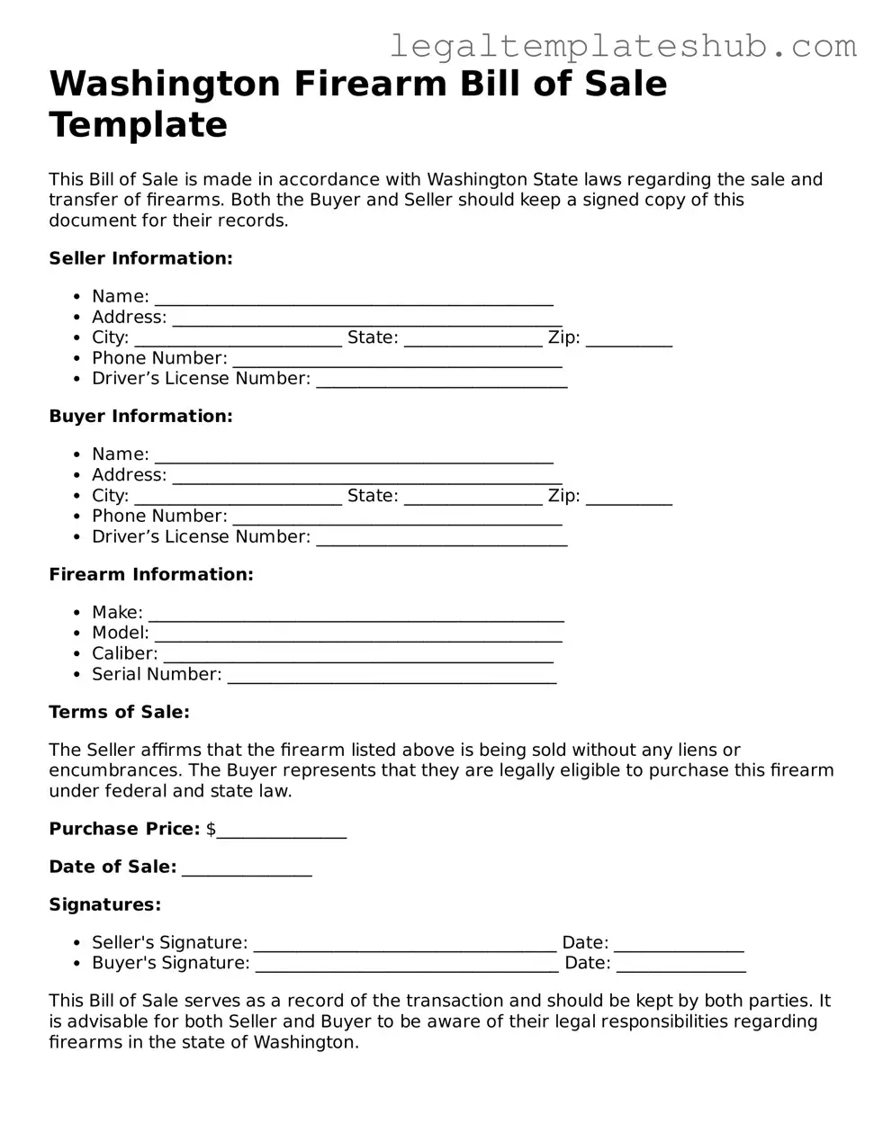 Printable  Firearm Bill of Sale Document for Washington