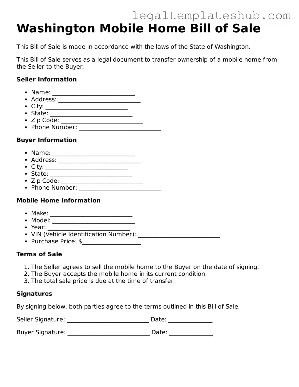 Printable Mobile Home Bill of Sale Document for Washington