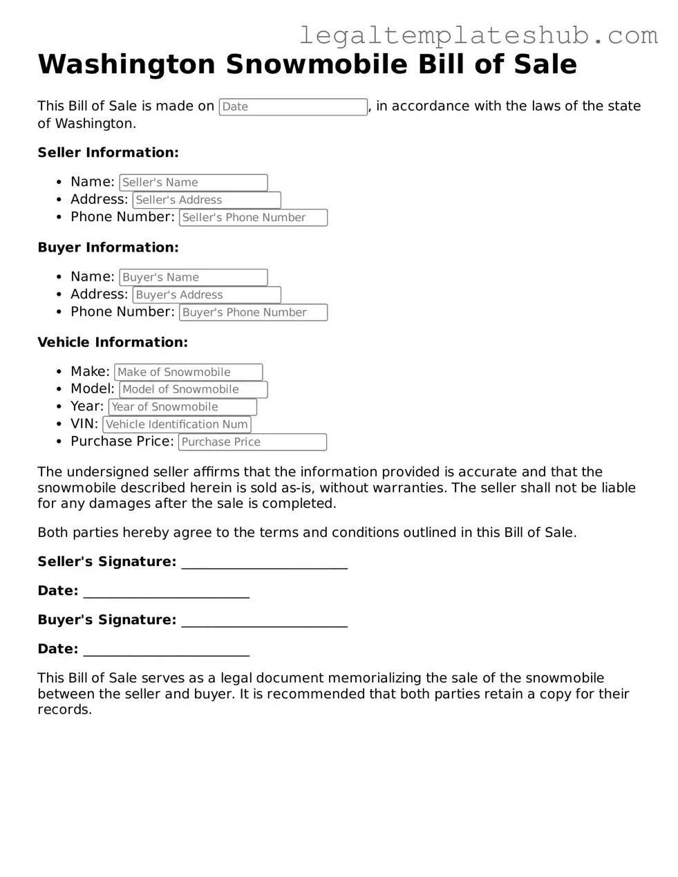 Printable Snowmobile Bill of Sale Document for Washington