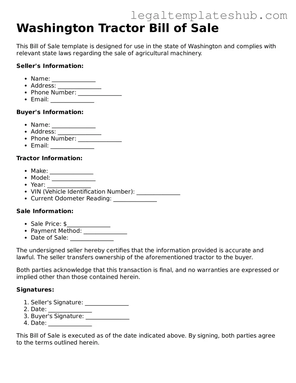 Printable Tractor Bill of Sale Document for Washington