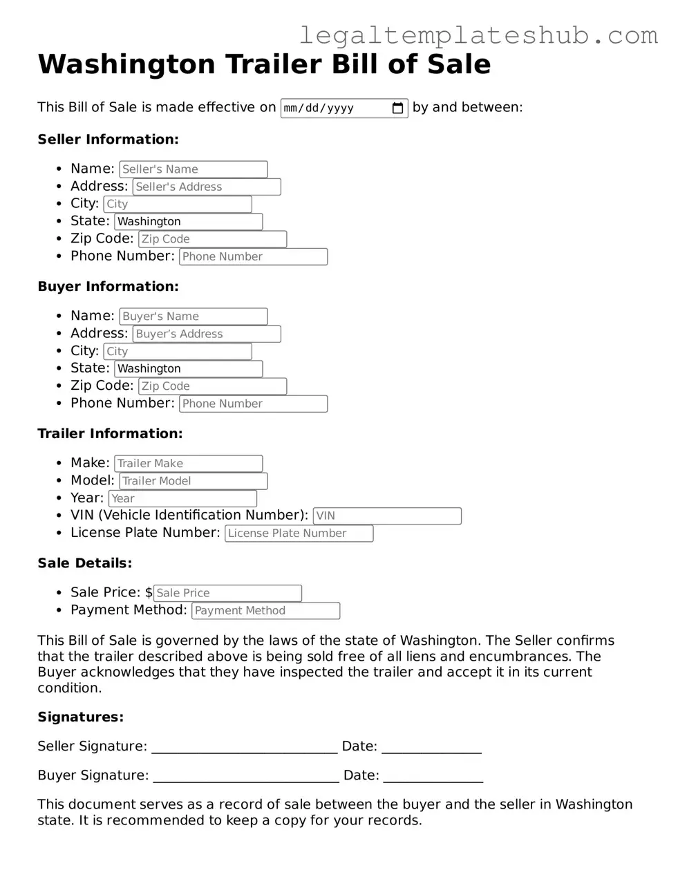 Printable Trailer Bill of Sale Document for Washington