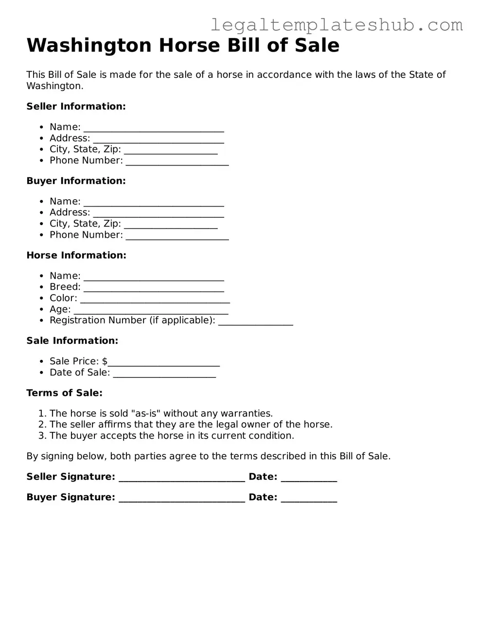 Printable  Horse Bill of Sale Document for Washington