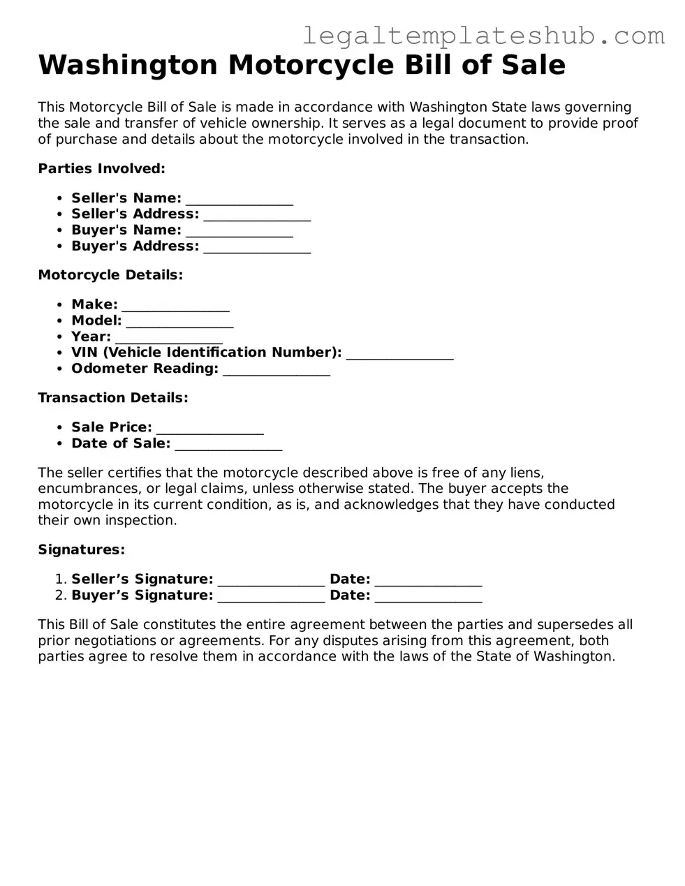 Printable Motorcycle Bill of Sale Document for Washington