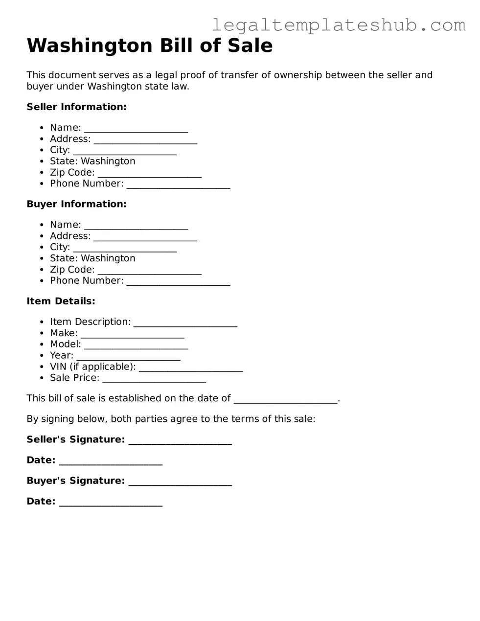 Printable  Bill of Sale Document for Washington