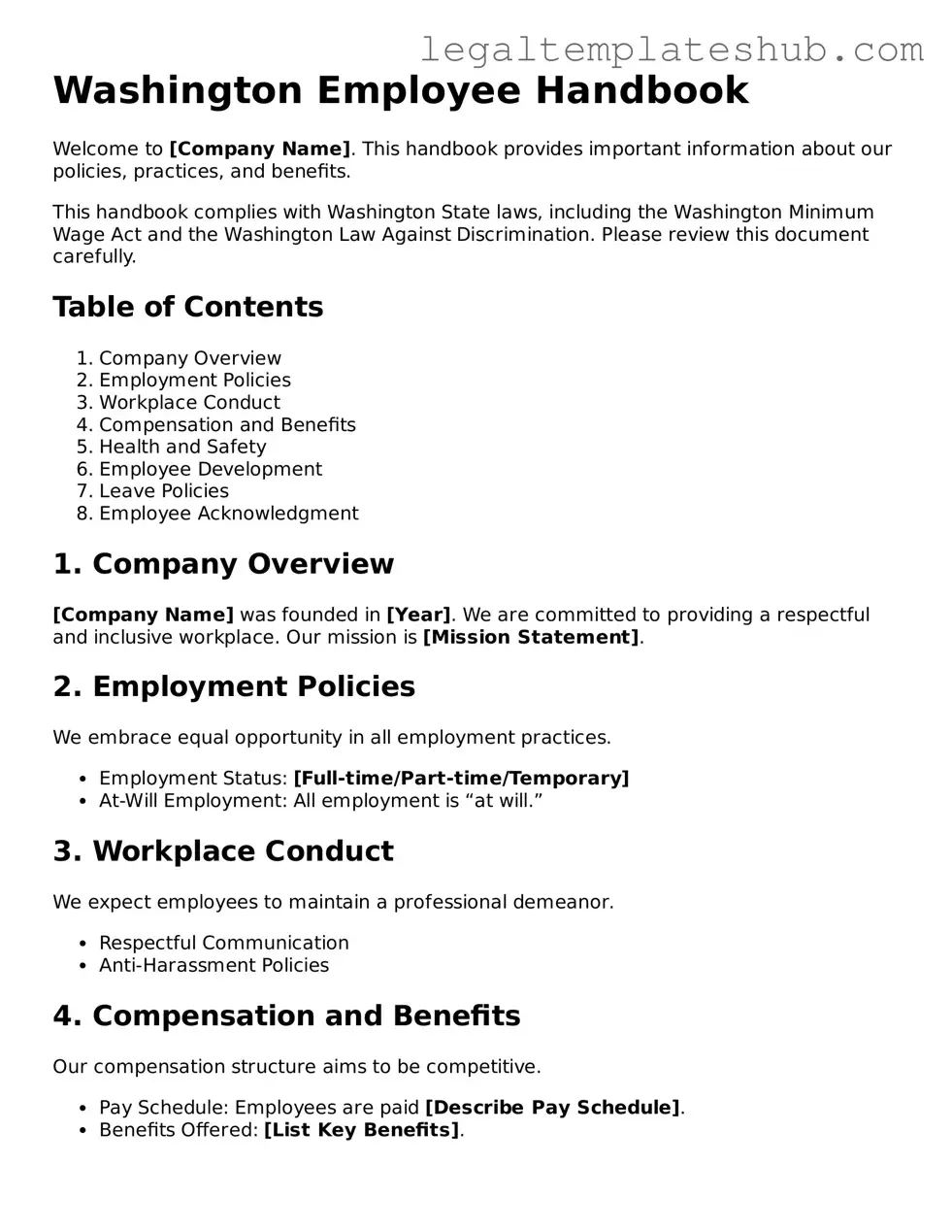 Printable Employee Handbook Document for Washington