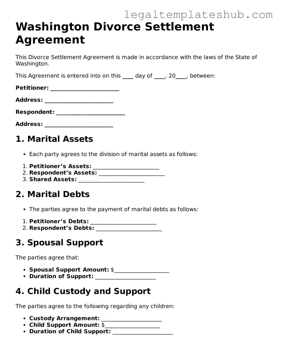 Printable  Divorce Settlement Agreement Document for Washington