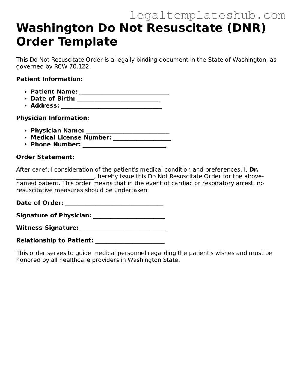 Printable  Do Not Resuscitate Order Document for Washington