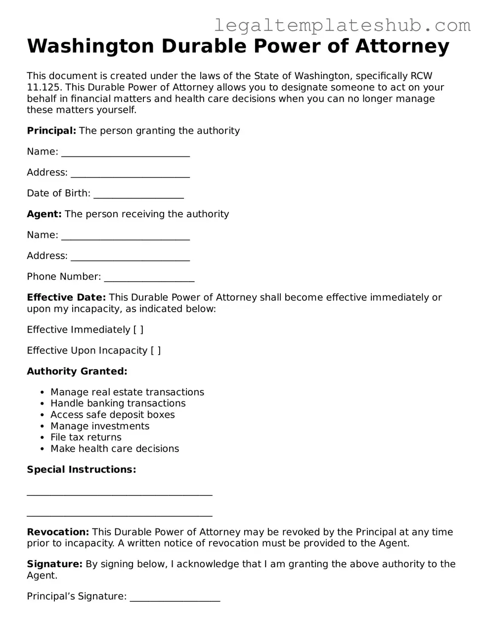 Printable Durable Power of Attorney Document for Washington